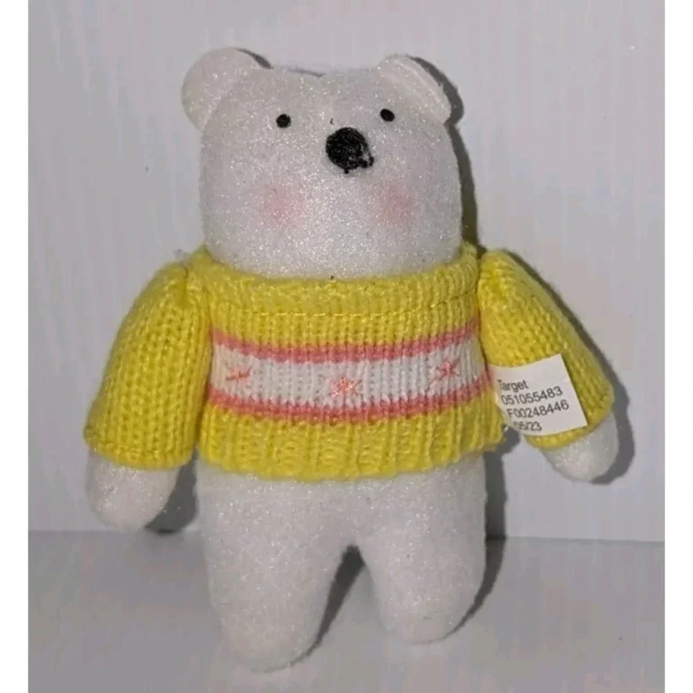 Target 2023 Wondershop Ornaments Felt Polar Bear with a yellow Knit Sweater.